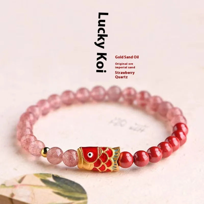 Purple cinnabar and strawberry quartz beaded bracelet with lucky beads and peach blossom motifs
