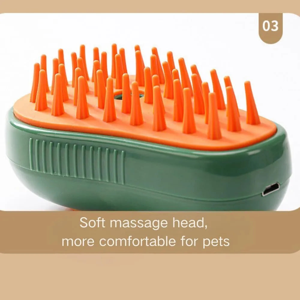 Green and white cat steam brush with silicone bristles and water spray function for pet grooming