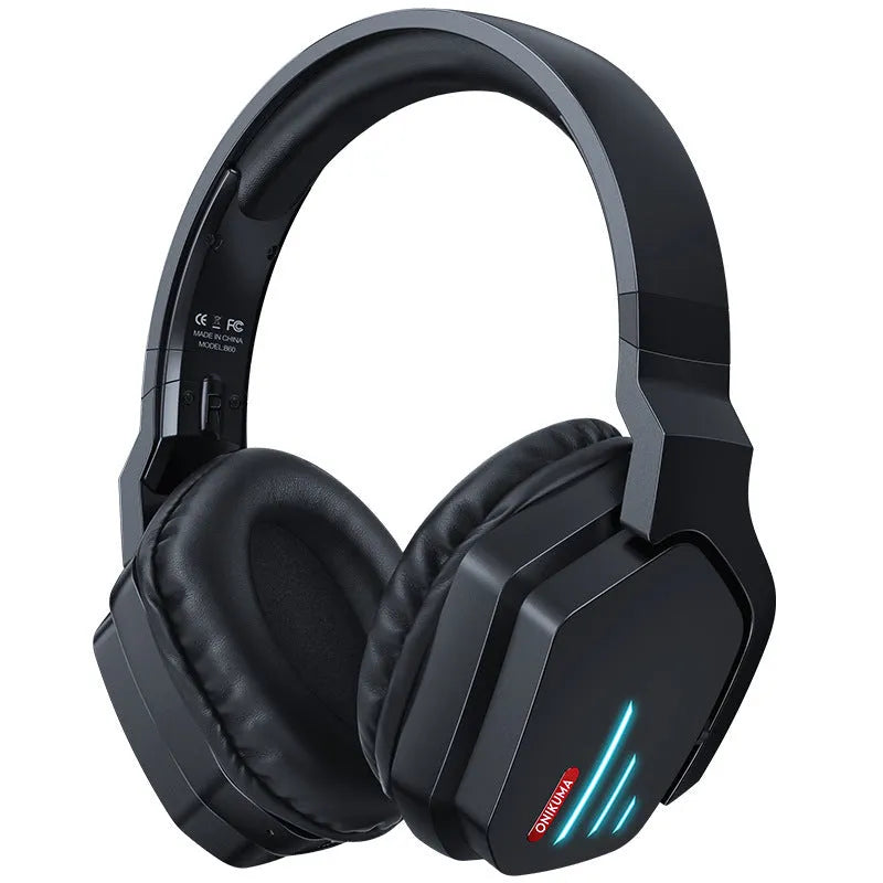 Luminous black wireless gaming headphones with over-ear design showing head-mounted construction