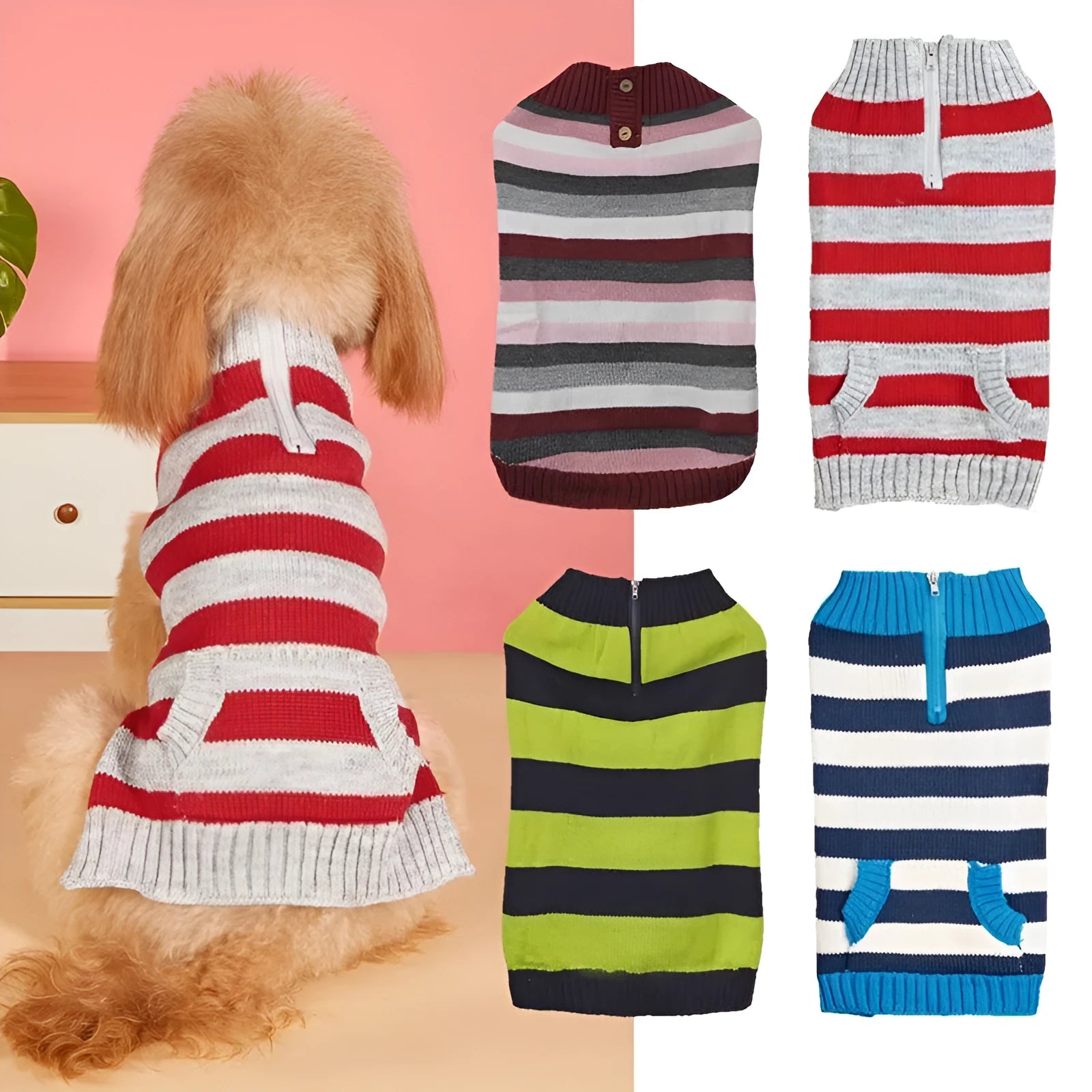Grey dog sweater with contrast trim, horizontal front zipper, and a button pocket on a small dog.