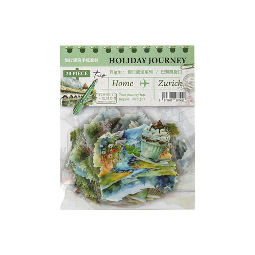Holiday Journey Series architecture journal stickers in retro style showing six international landmark designs