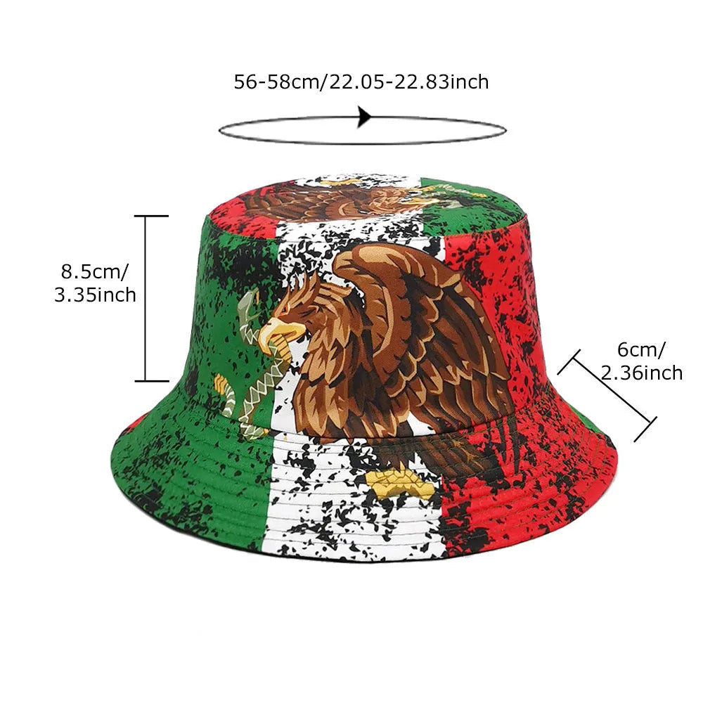 Eagle pattern retro bucket hat in polyester fabric, size M 56-58cm, dome crown style.