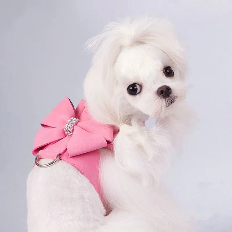 Pink bowknot dog chest strap harness on small white puppy