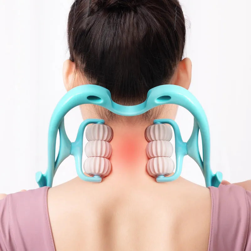 Blue plastic six-wheel manual massager for neck, shoulder and waist tension relief