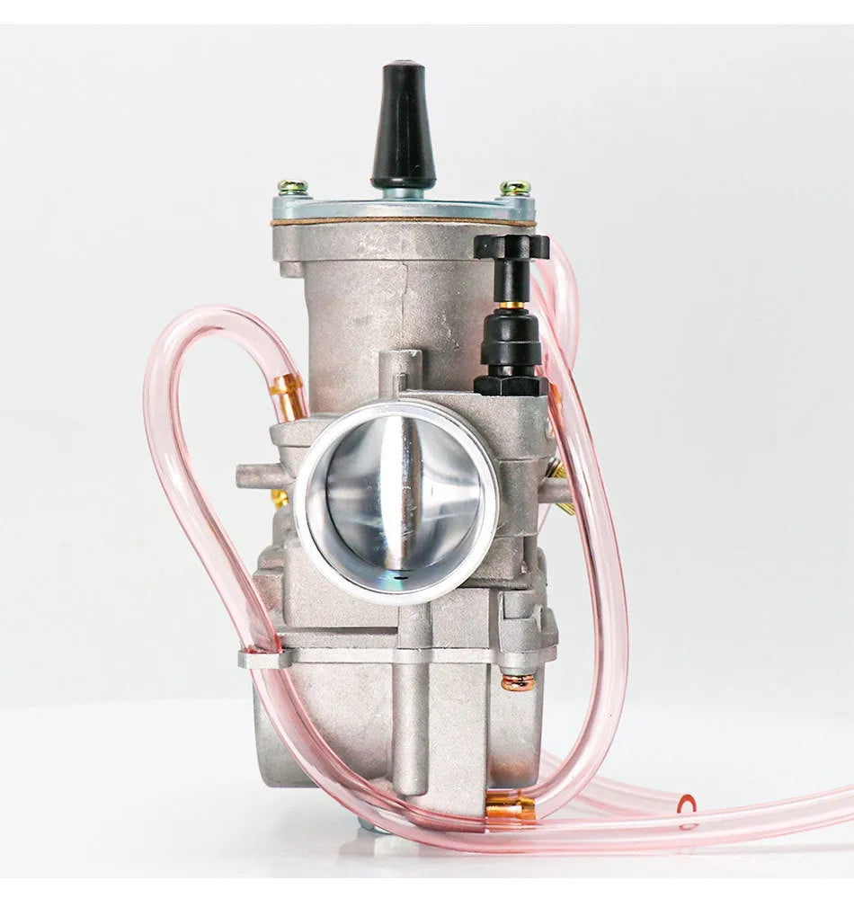 Sandblasted PWK motorcycle carburetor for performance modification, showing bore size options.
