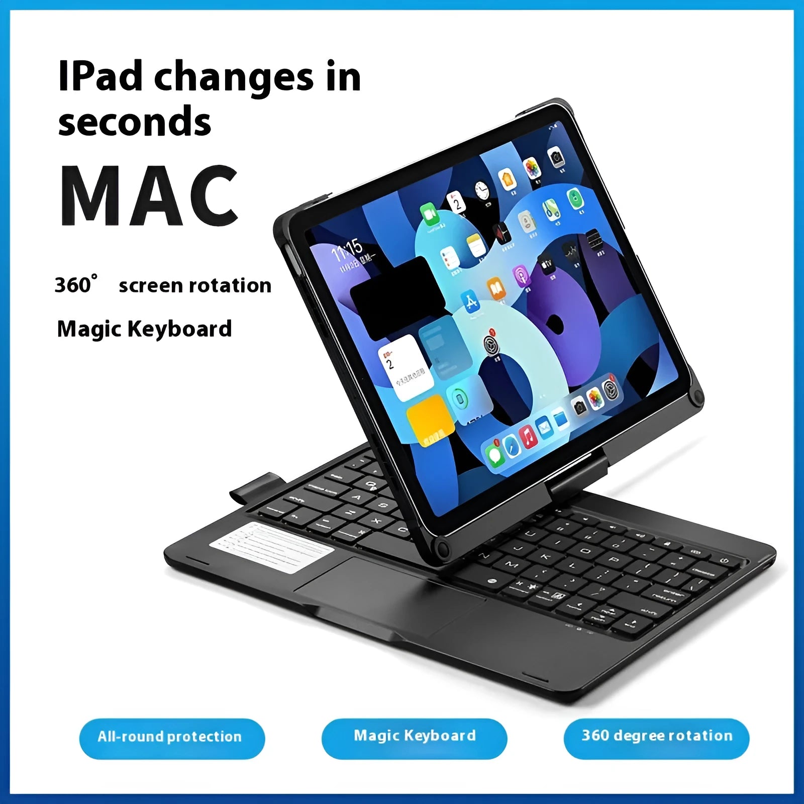 Miaocontrol silver rotating Bluetooth keyboard attached to an Apple iPad Pro tablet showing 360-degree hinge.