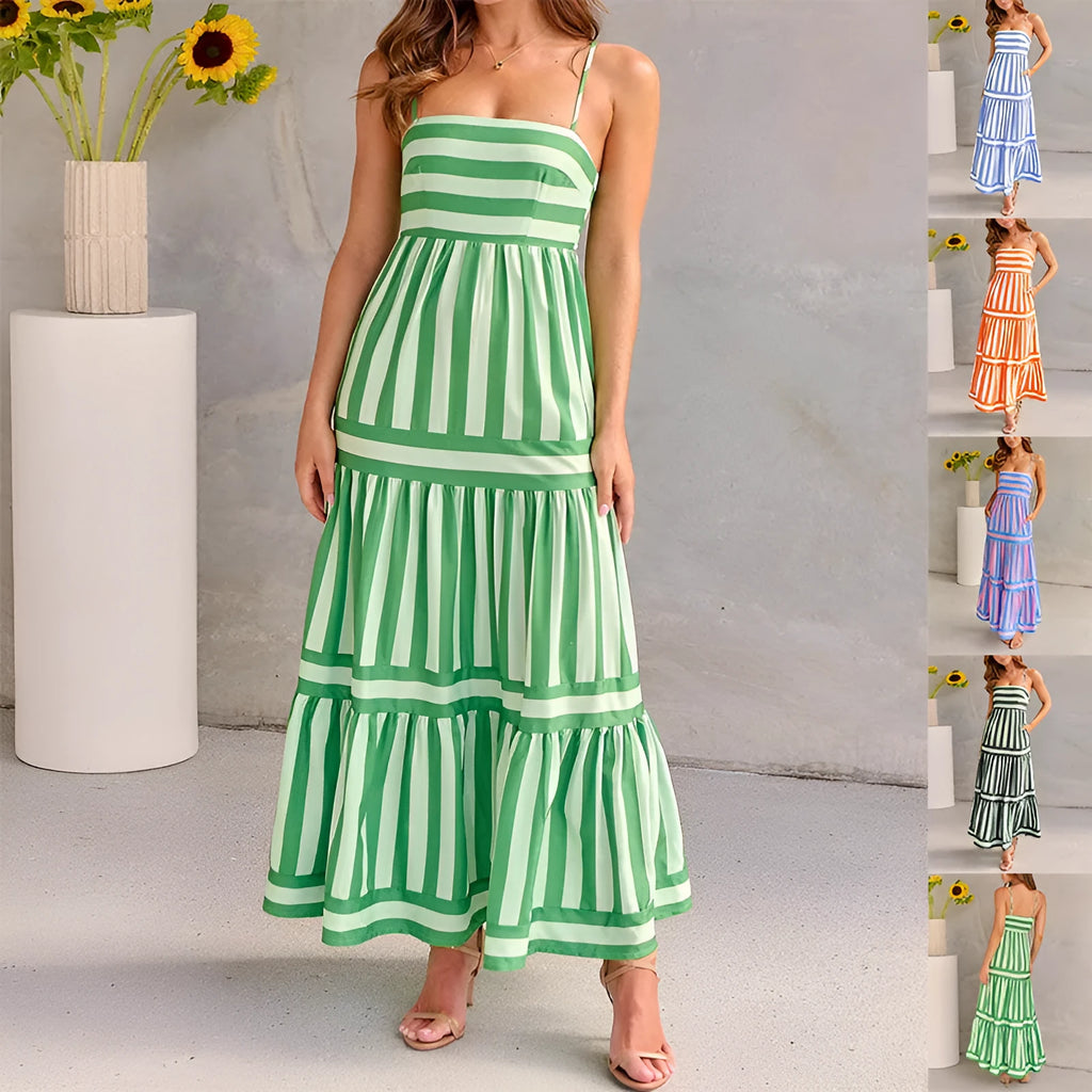 Women's striped backless summer dress with square neck, suspender straps, and pockets in polyester-spandex fabric