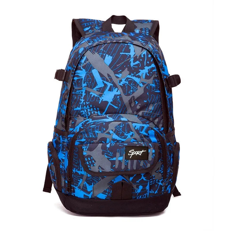 Classic nylon backpack in blue and red colours with large capacity for travel and school use