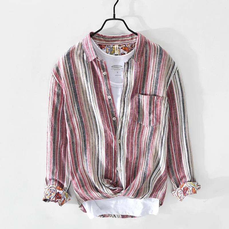 Men's casual linen striped shirt in loose fit with long sleeves available in red or grey colours