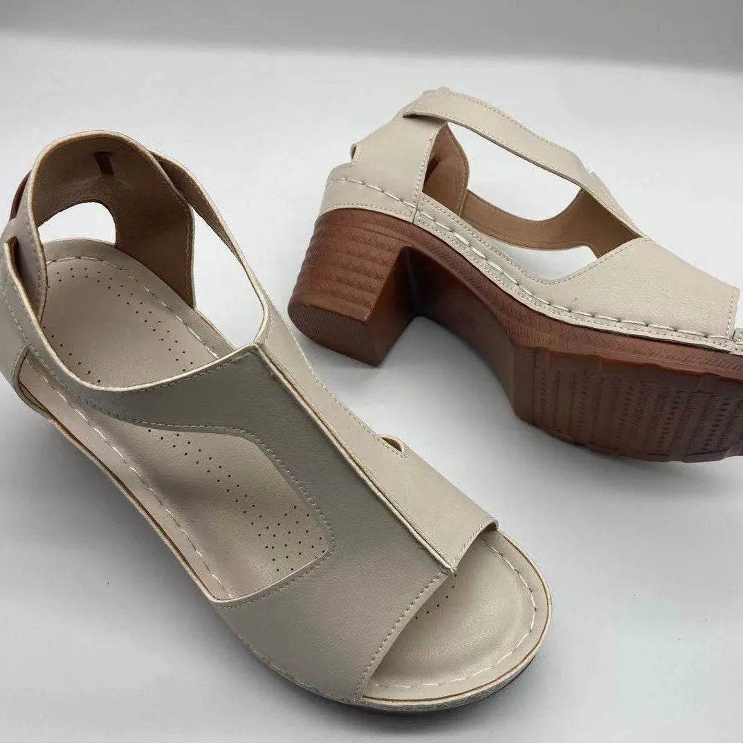 Women's open toe wedge sandals with Roman buckle strap in synthetic PU material