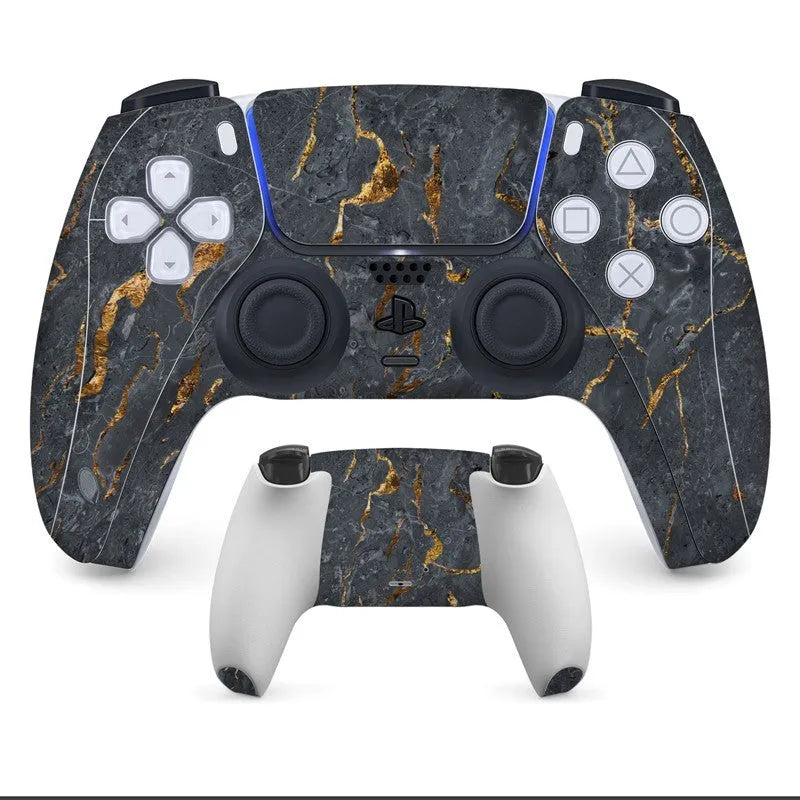 PS5 controller with anti-scratch handle stickers applied, showing micro frosted PVC texture.