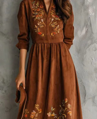 Brown midi dress with floral embroidery on polyester suede fabric, leisure style