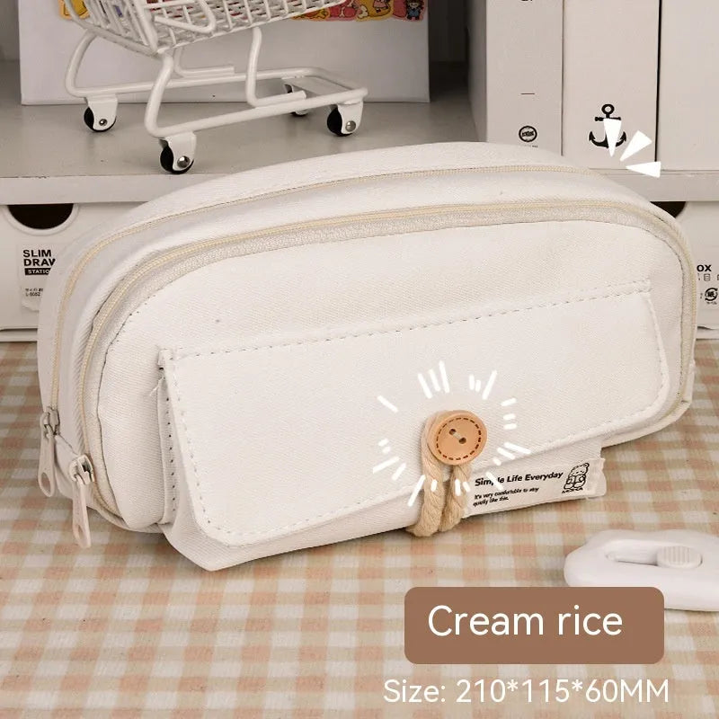 Canvas pencil case in green colour showing large capacity design for student stationery organisation