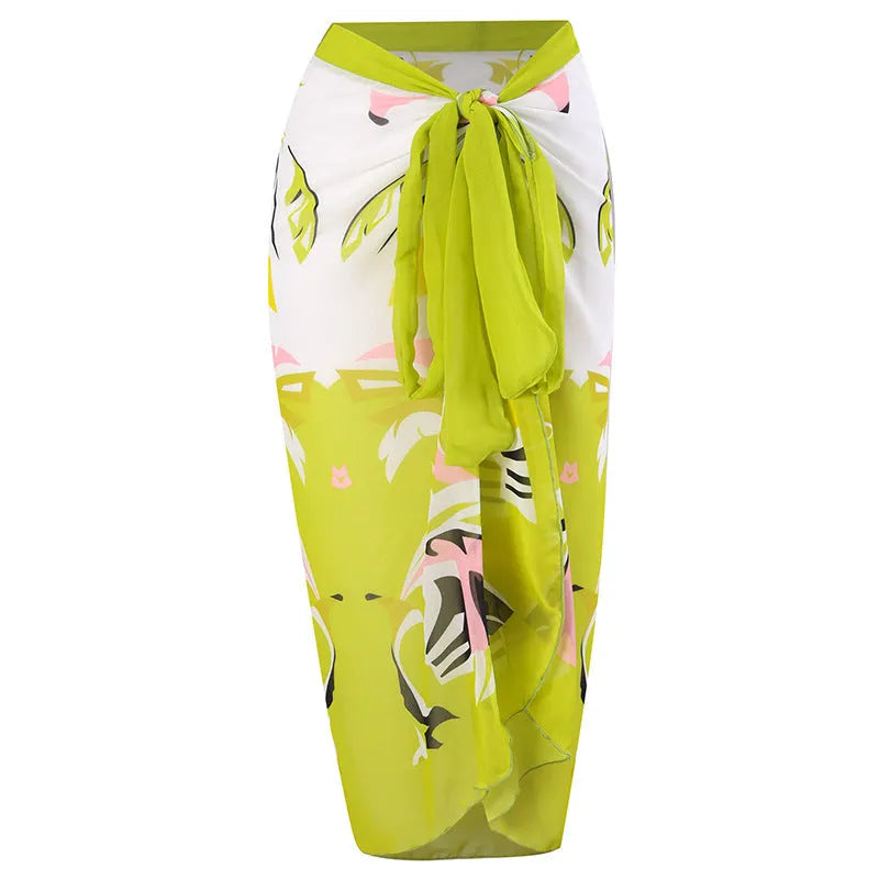 Women's blue printed one-piece swimsuit with matching gauze skirt set