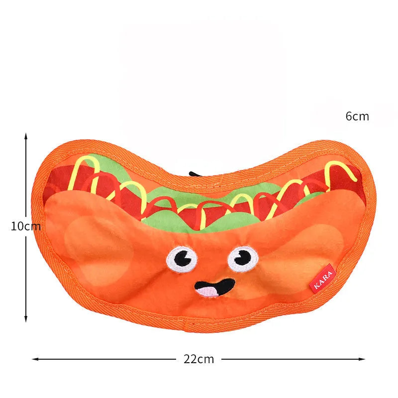 Food-shaped dog chew toys including hamburger, fries, hot dog and pizza designs with crinkle and squeak features