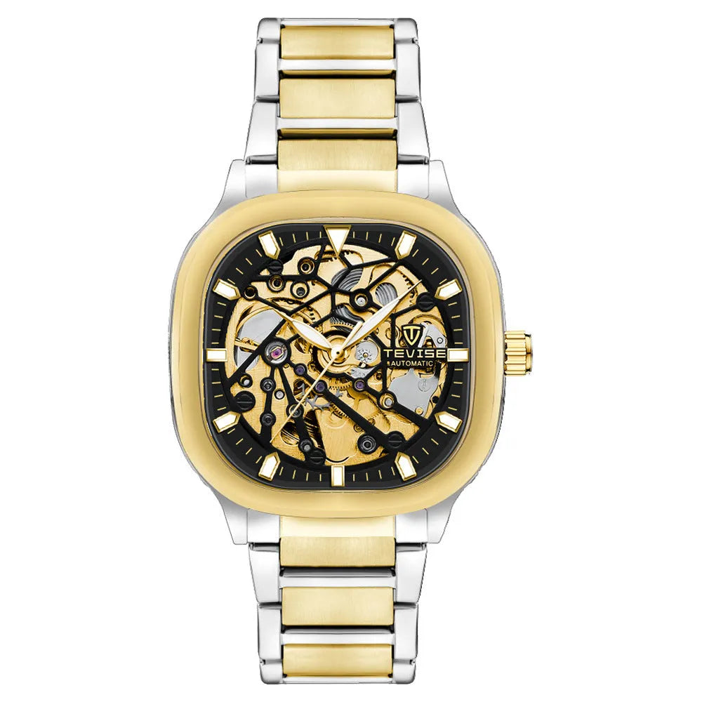 Men's square waterproof automatic watch with luminous hands on a stainless steel strap.