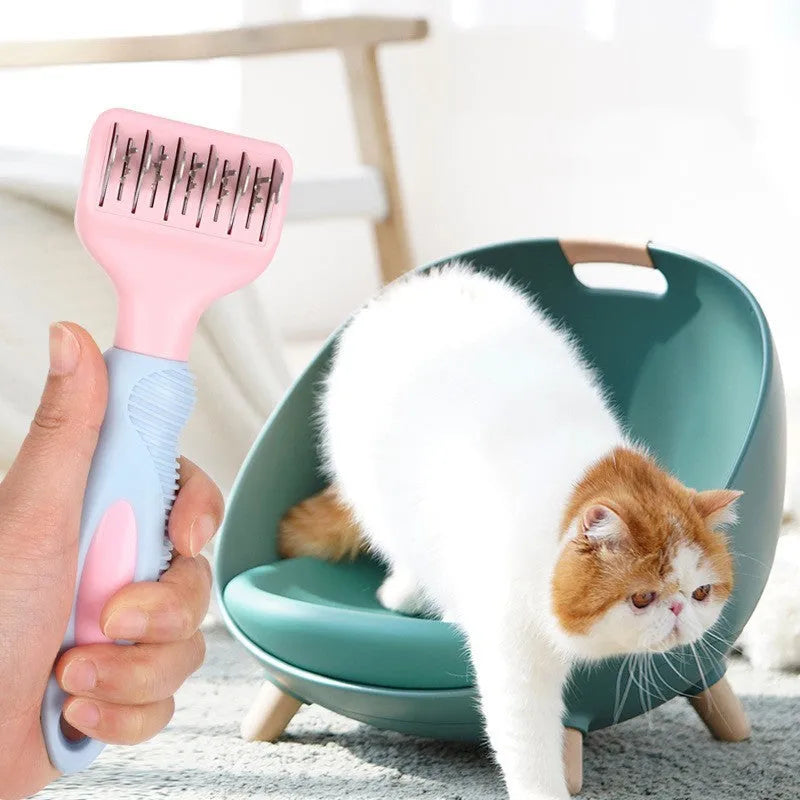 Stainless steel pet grooming comb with integrated knot knife, shown in pink and purple colour options.