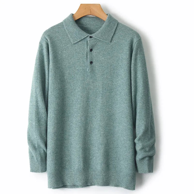 Men's grey wool pullover sweater with a polo collar and long sleeves on a hanger
