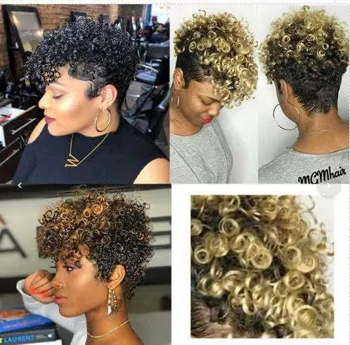 Short blonde synthetic wig with rolled styling on a mannequin head.