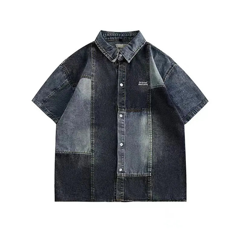 Blue men's loose-fit denim shirt with Japanese retro wash and stitching details
