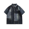Blue men's loose-fit denim shirt with Japanese retro wash and stitching details