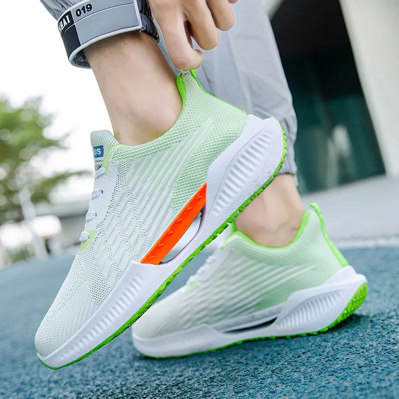Men's blue casual mesh sports shoes with a round toe and cloth upper on a white background.
