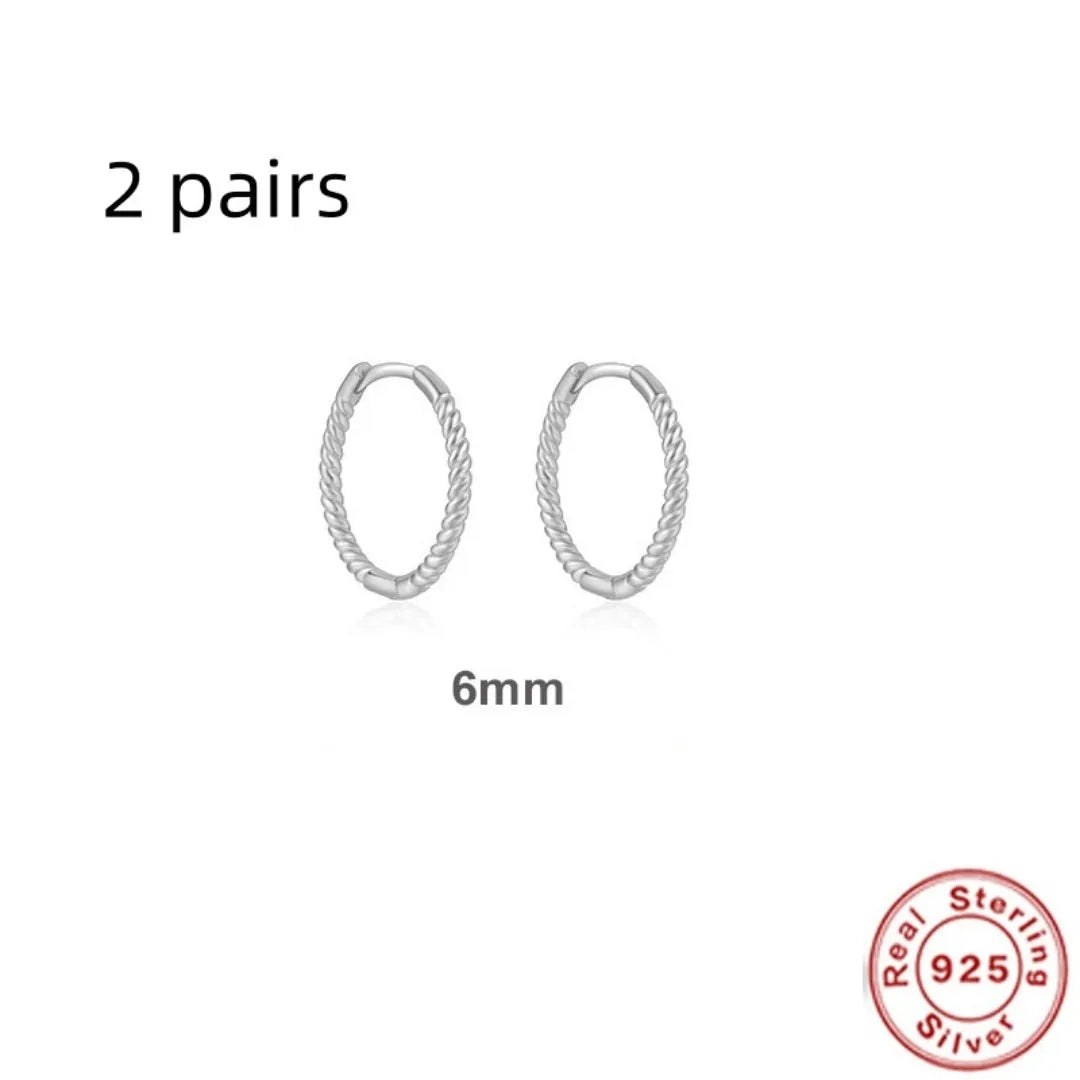 S925 sterling silver twisted string round ring geometric earrings for women on a white background.