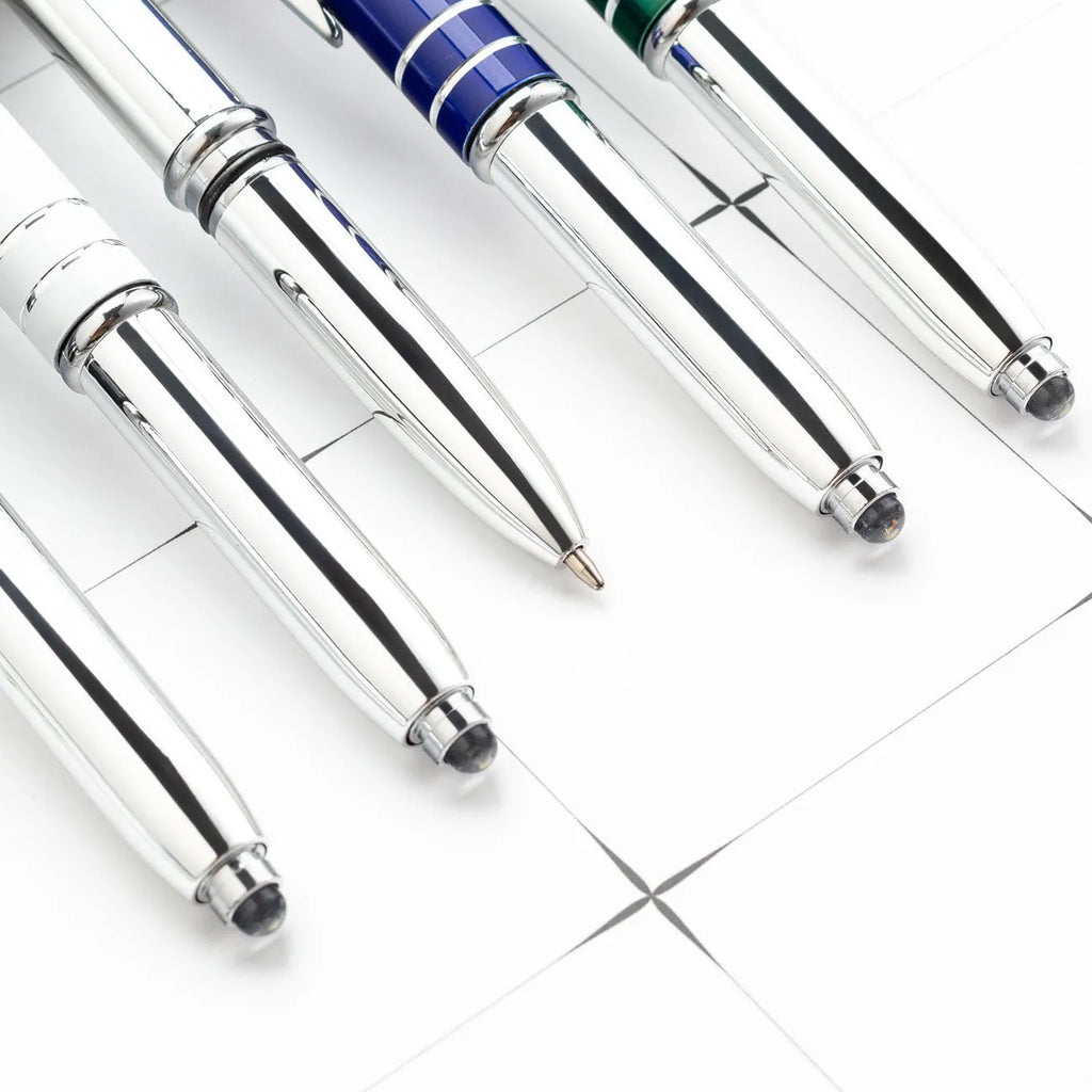 Red multifunctional metal-tipped stylus ballpoint pen with a built-in LED light.