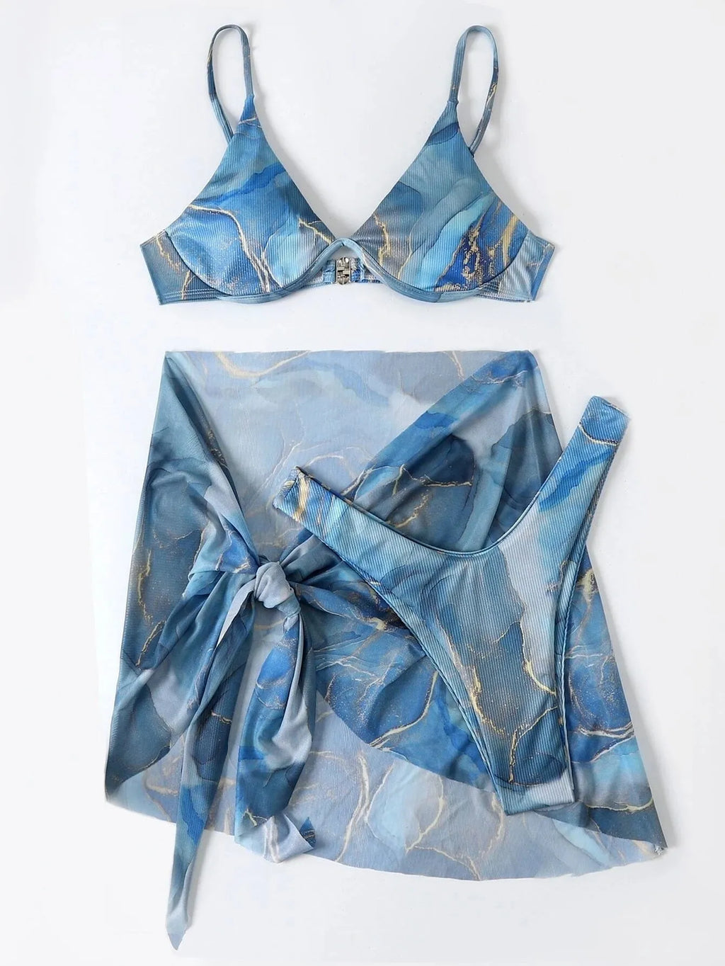 Women's 3-piece marble print bikini swimwear set showing bra, panties and skirt in six colour options