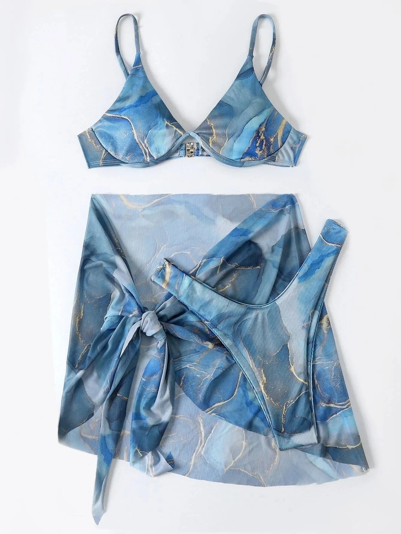 Women's 3-piece marble print bikini swimwear set showing bra, panties and skirt in six colour options