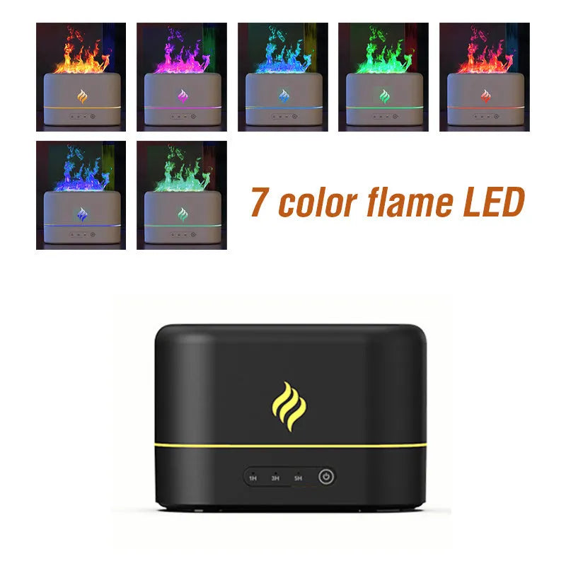 Seven-colour flame effect humidifier with black plastic housing showing mist outlet and USB power connection