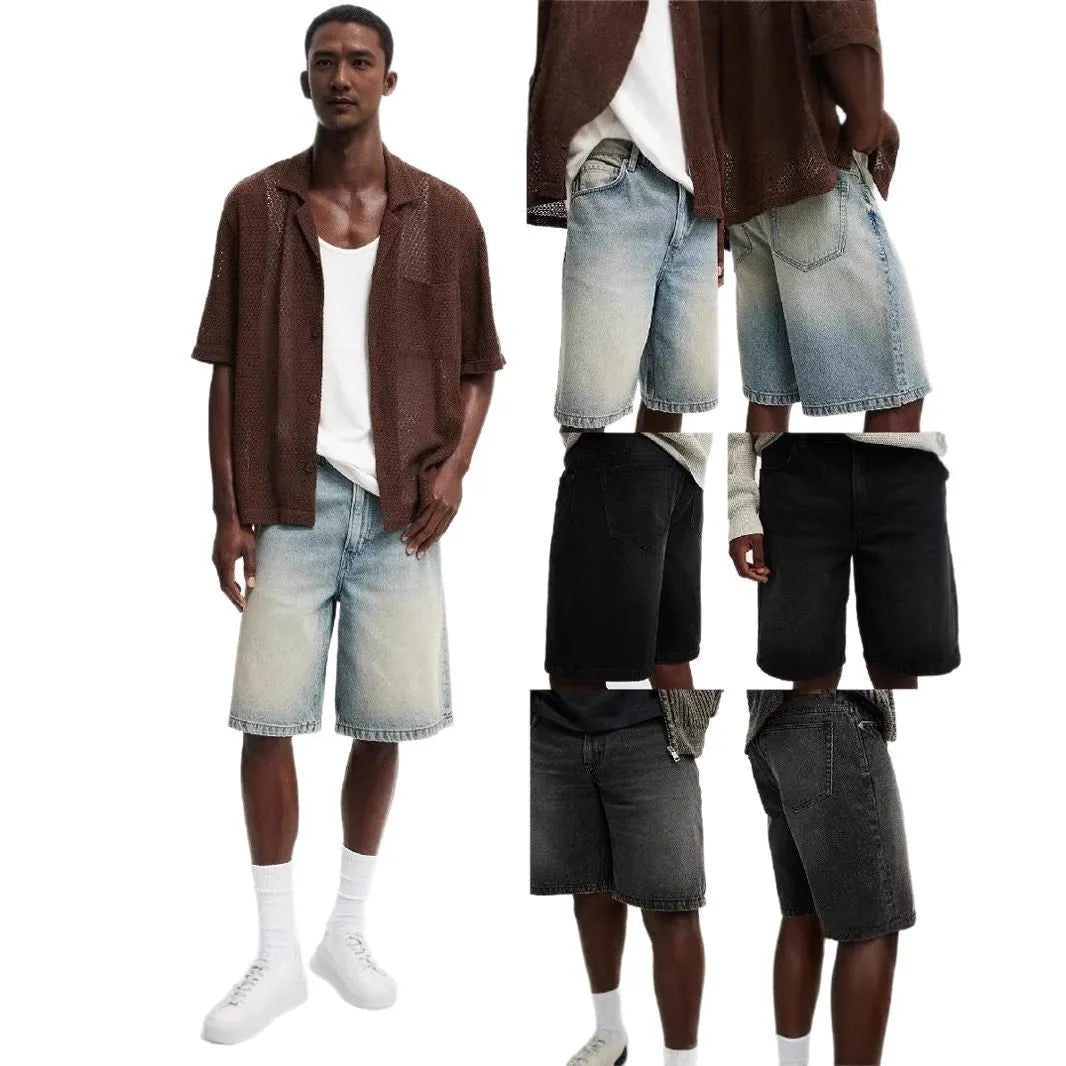 Men's light blue loose fit straight leg cotton denim jeans on a neutral background.