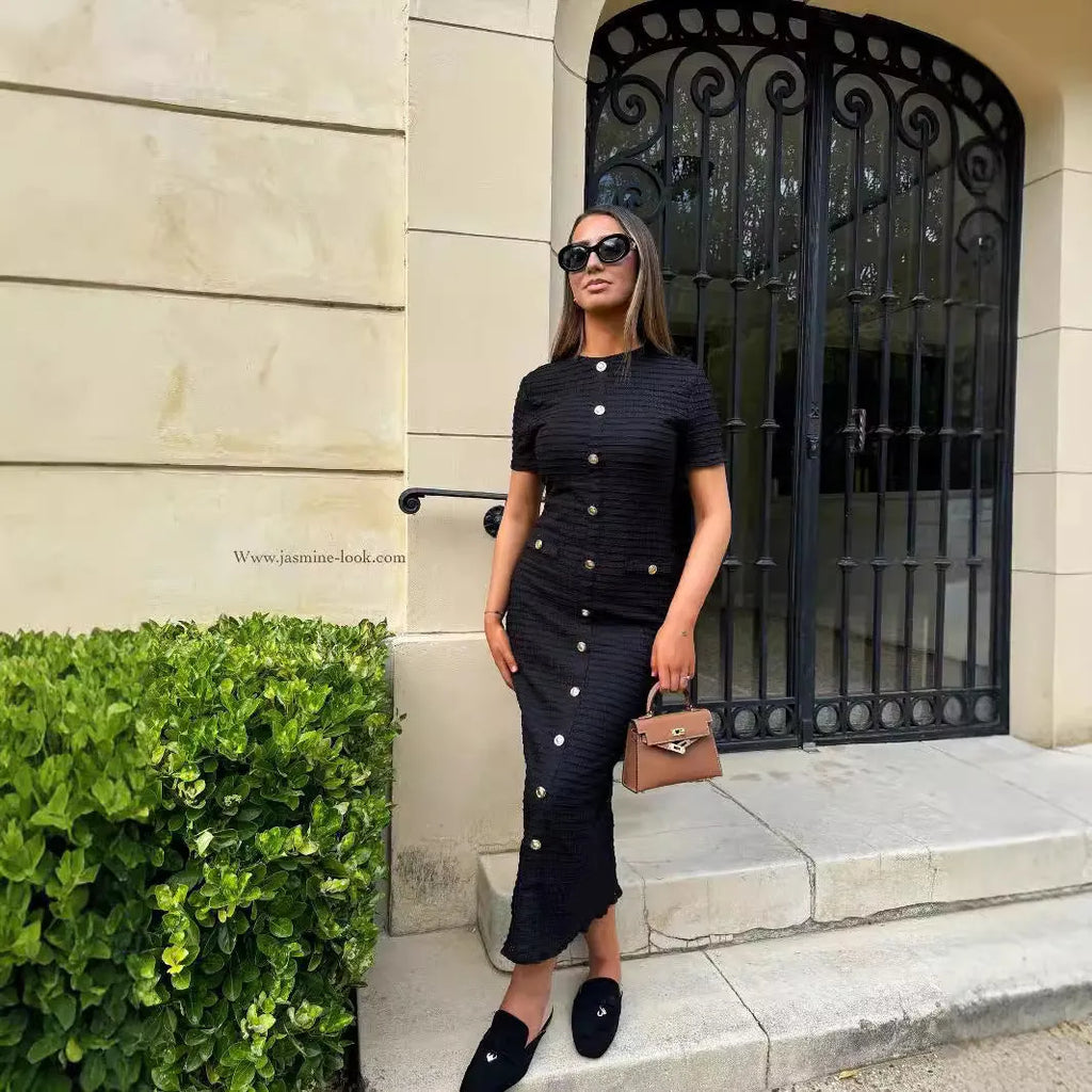 French retro slim fit long sleeved knitted dress in black with button details