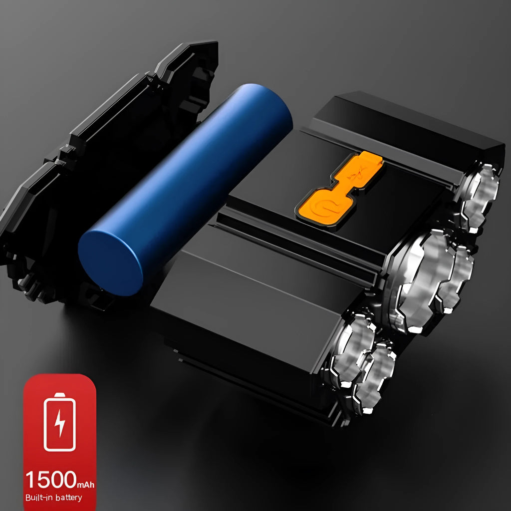 White LED miner's headlamp with adjustable strap, shown with data cable and colour packaging.