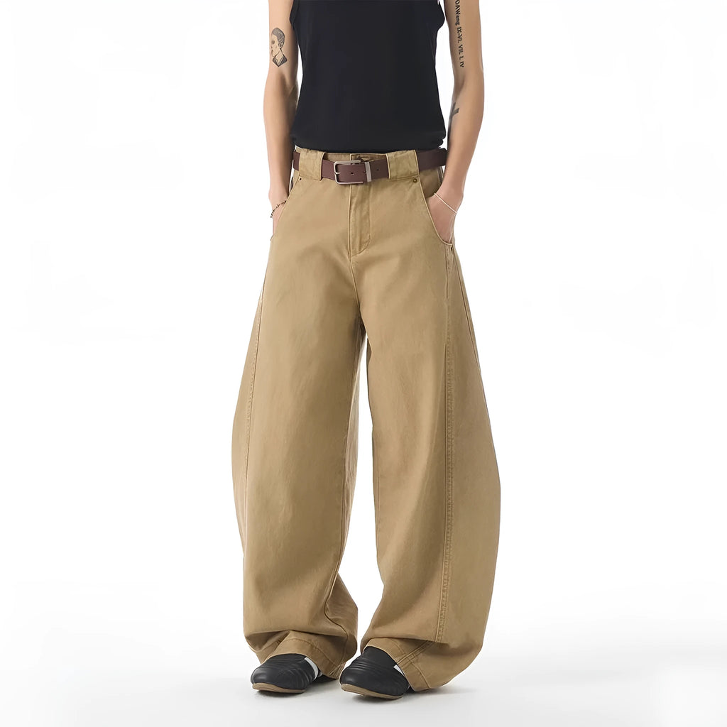 Brown men's loose fit casual jeans with straight leg design and button flight opening