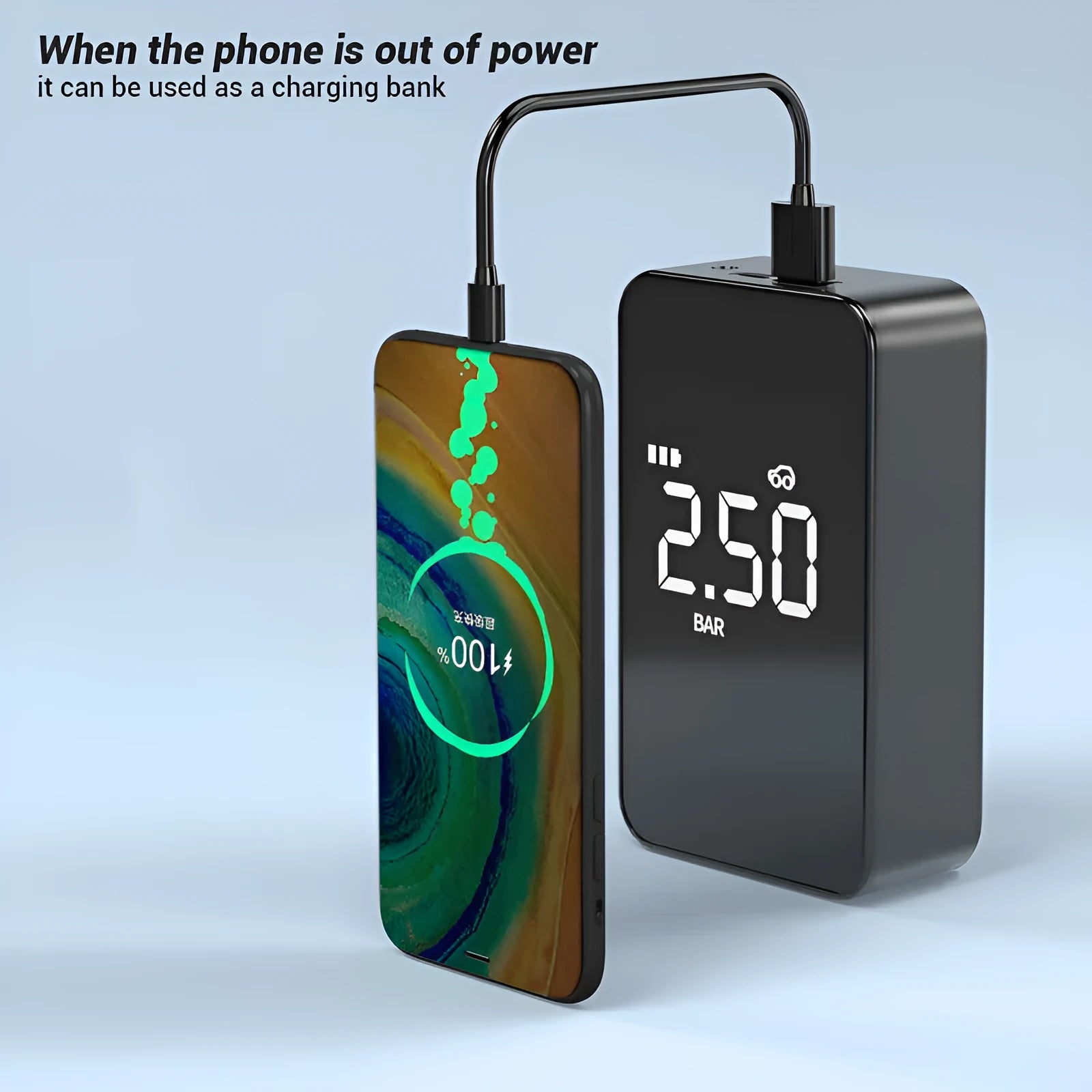 Portable wireless tyre inflator pump with digital display screen showing pressure readings