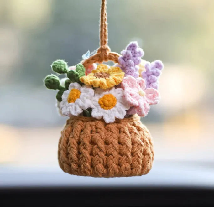 Green and white knitted wool car plant decoration with white hanging rope.