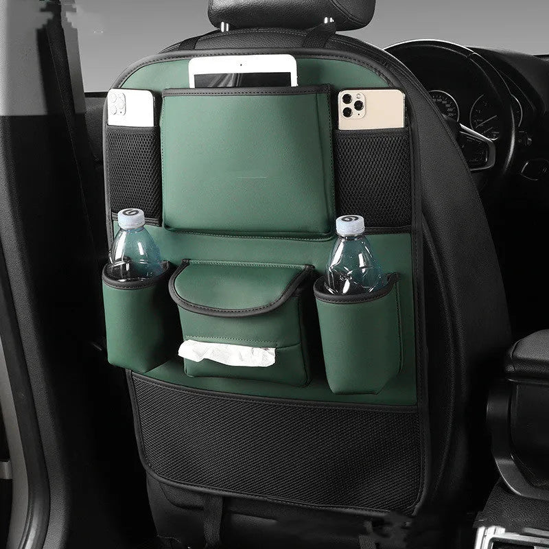 Leather car seat back storage bag in choice of four colours mounted behind vehicle seat