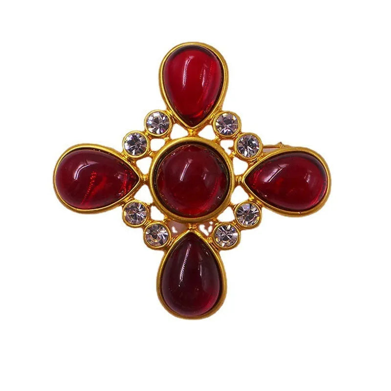 Vintage medieval baroque cross brooch with crystal accents in zinc alloy