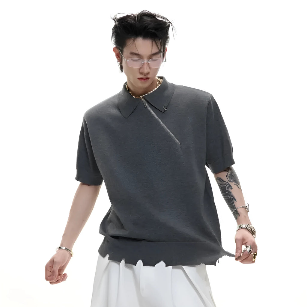 Man wearing a slim-fit grey polo shirt with a diagonal oblique zipper and short sleeves.