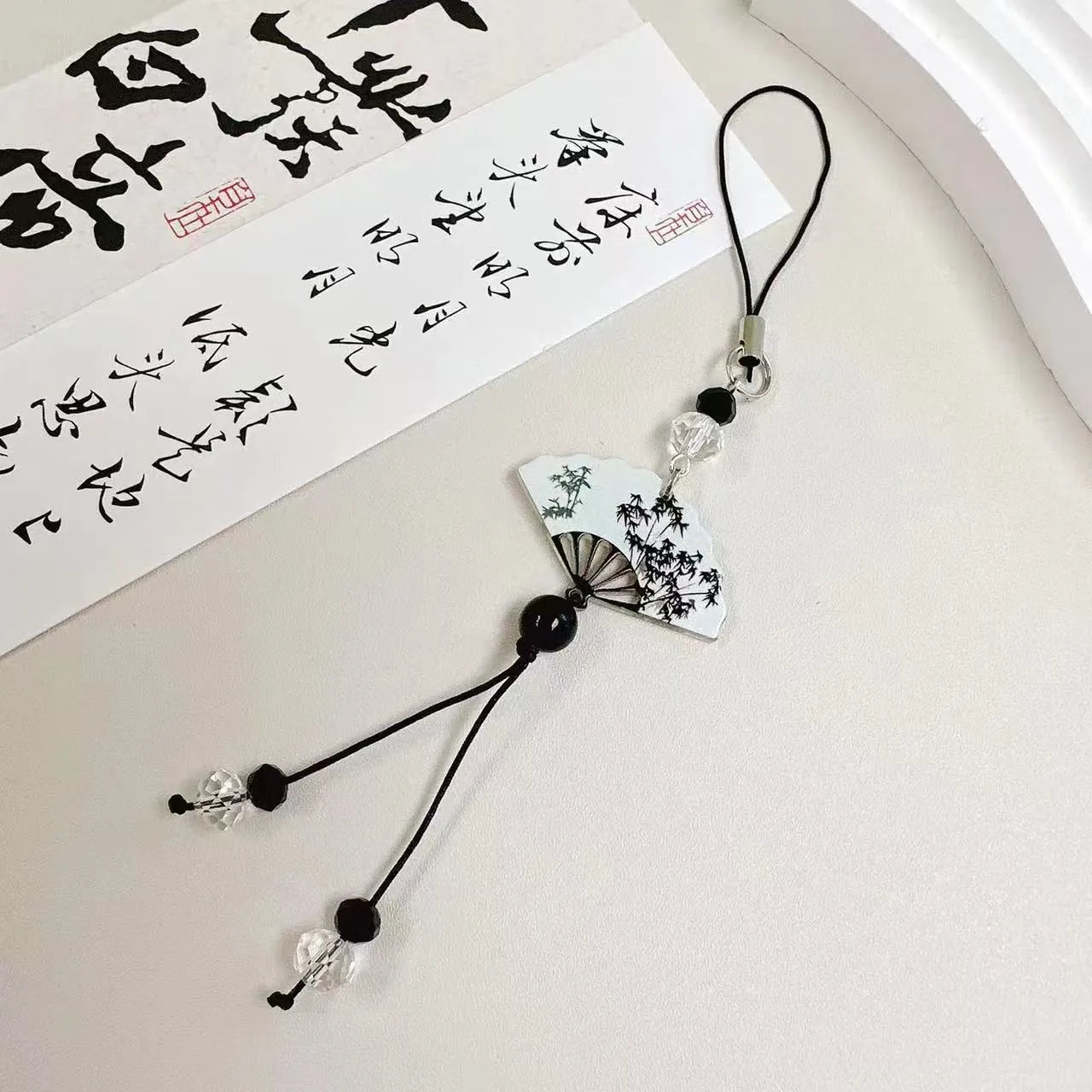 Guofeng Chinese style pendant keychain with plant pattern and baked varnish beads