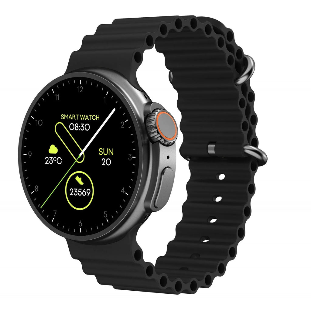 Black K9 smart watch with round screen on a silicone strap, showing a fitness stats dial.