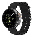 Black K9 smart watch with round screen on a silicone strap, showing a fitness stats dial.