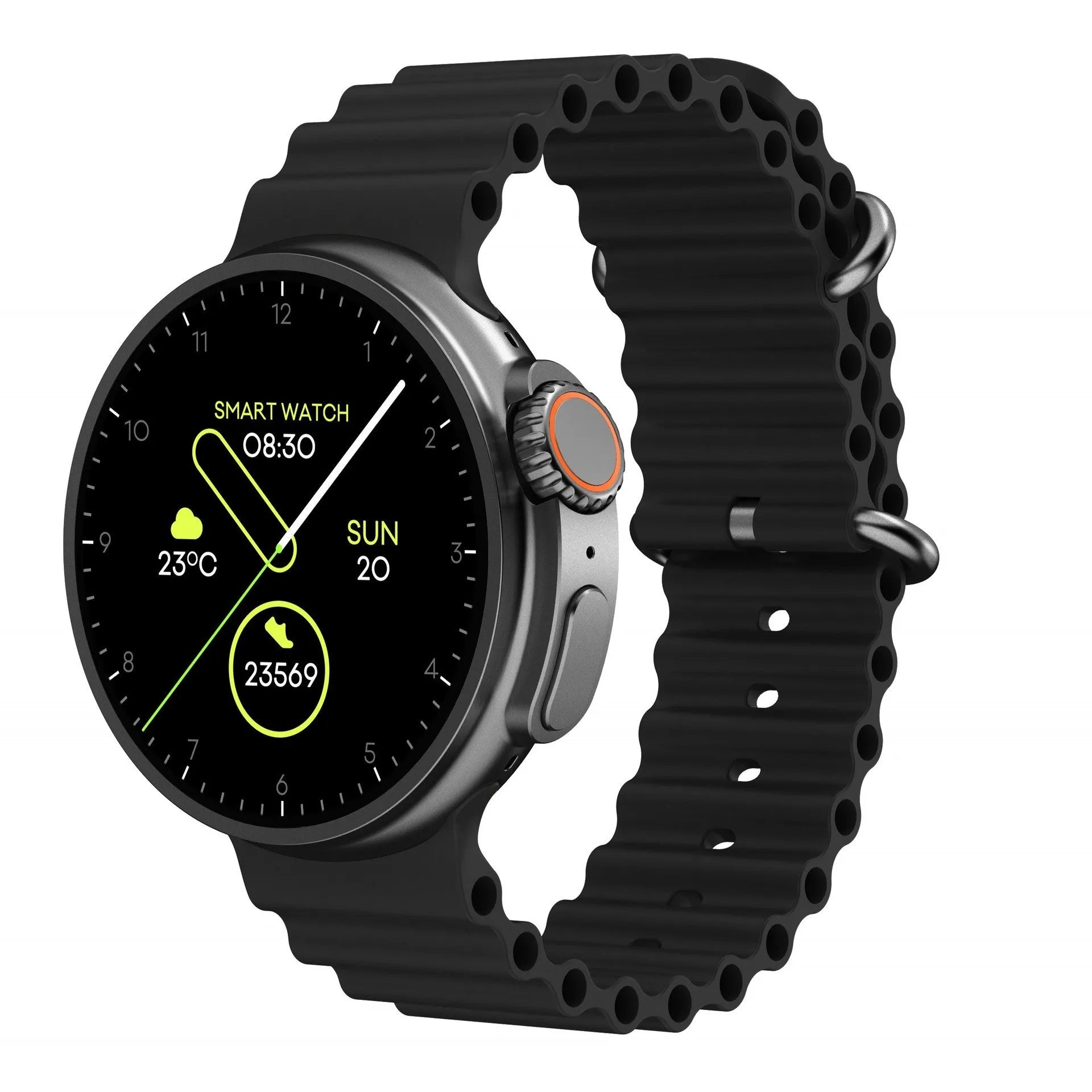 Black K9 smart watch with round screen on a silicone strap, showing a fitness stats dial.