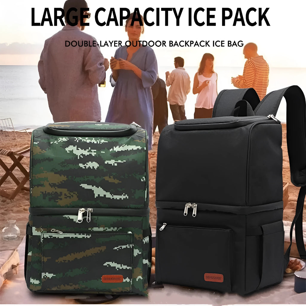 Blue double-layer insulated picnic backpack with shoulder straps and large main compartment.