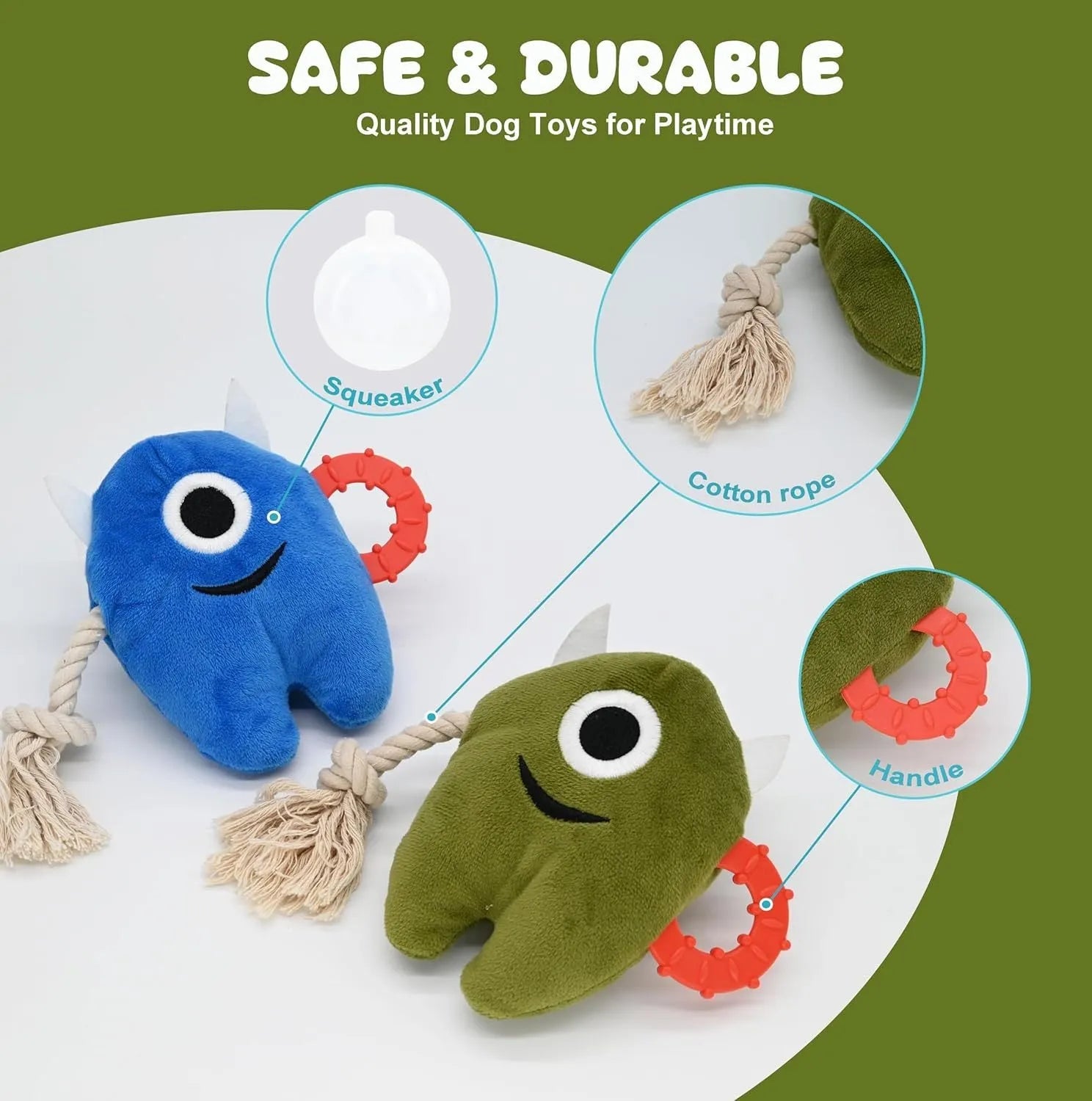 Blue and green plush dog toy with cotton rope sections and squeaker for chewing and tug-of-war