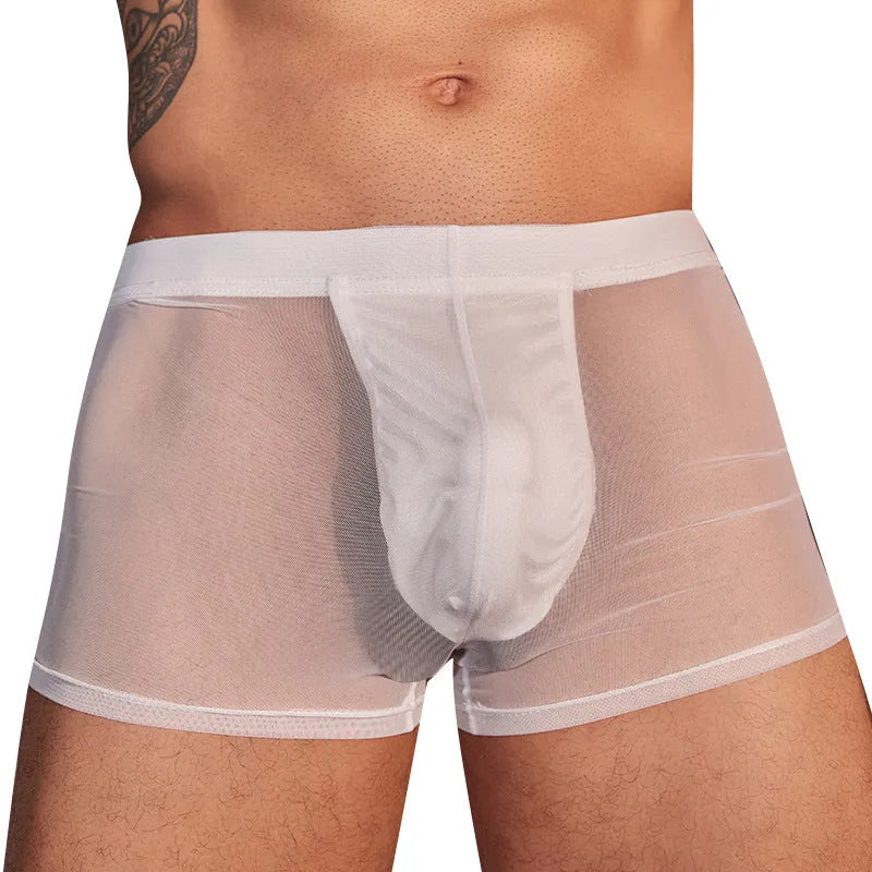 Black and white men's ultra-thin nylon boxer briefs laid flat