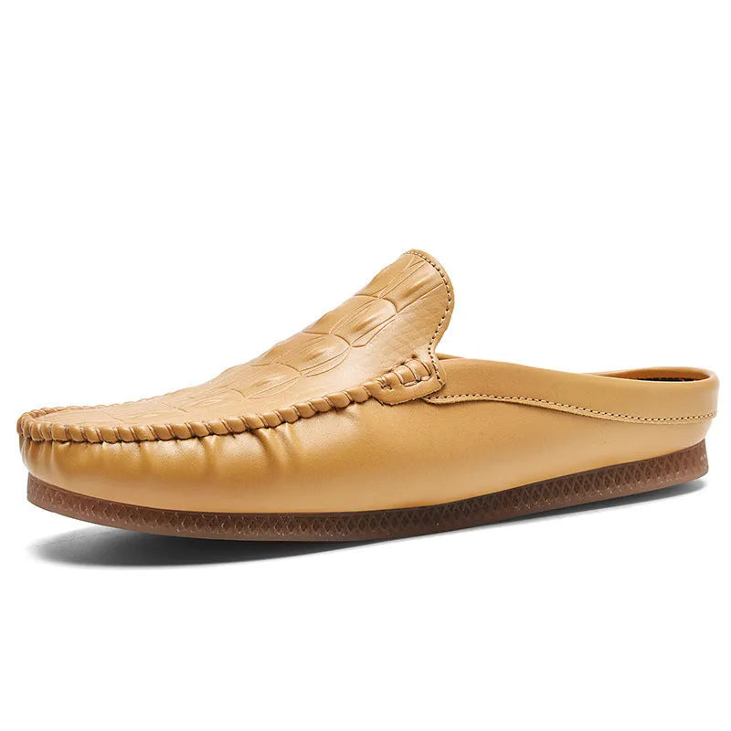 Men's black leisure semi-slipper with Gommino rubber sole and breathable artificial PU upper.