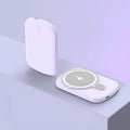 Magsafe magnetic wireless power bank in four colours showing front view with dimensions