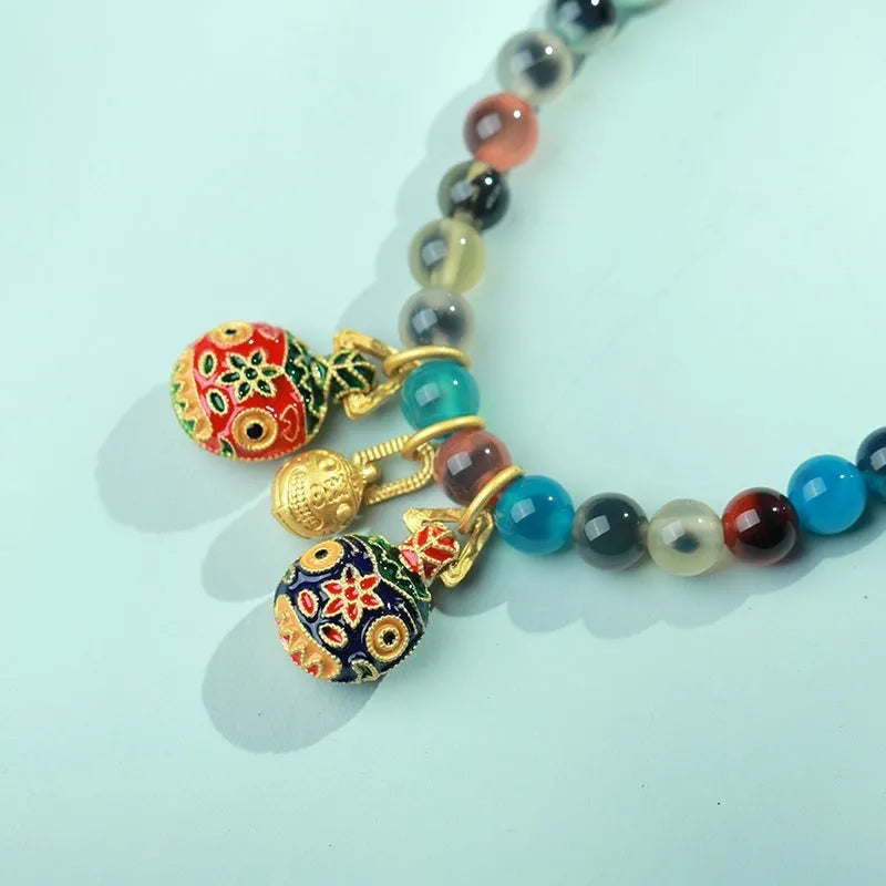 Natural colourful sugar heart agate bracelet with traditional Chinese symbols and copper coin elements on snake chain
